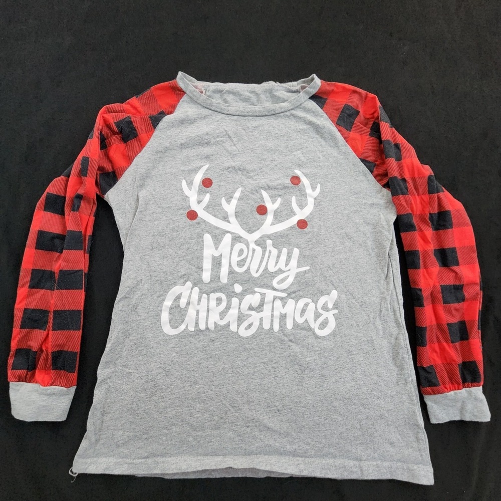 Merry‎ Christmas Reindeer Gray Long Sleeve Pajama Shirt Kids XL
